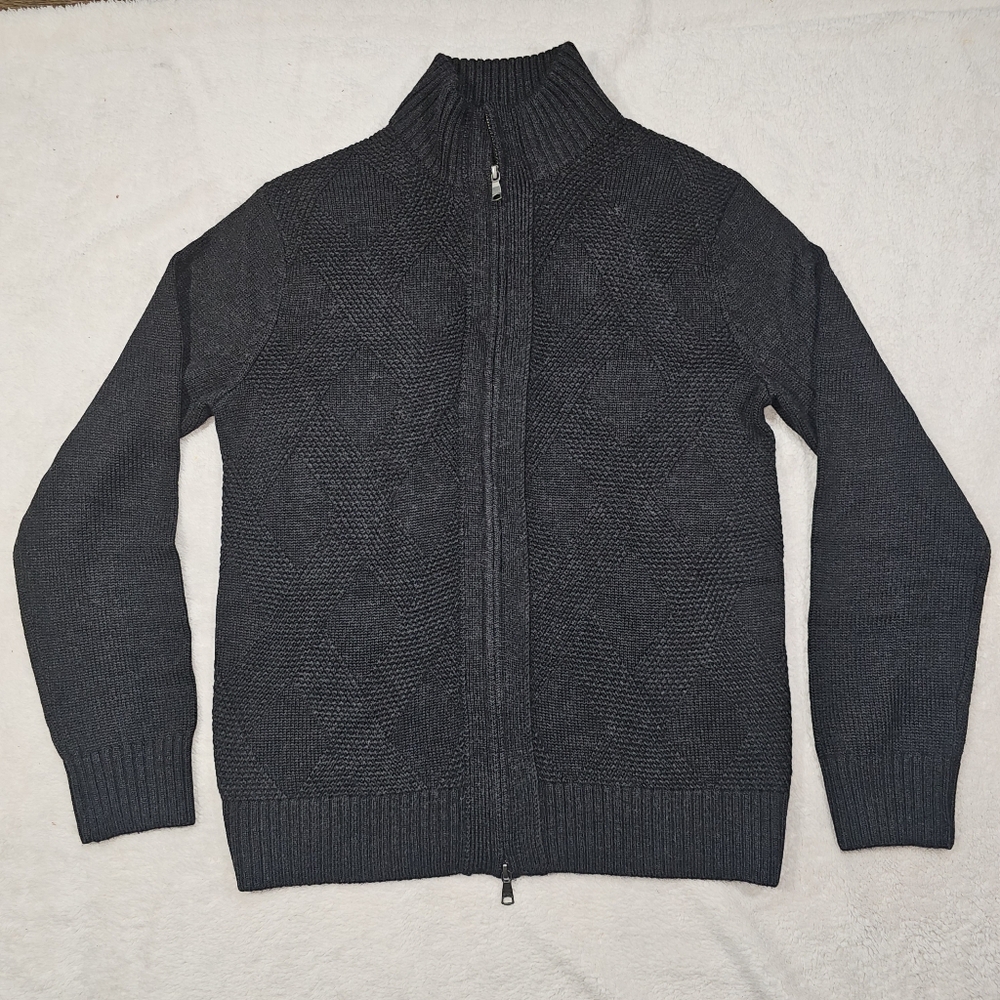 Banana Republic Extra Fine Merino Wool Black Textured Knit Front Zip Cardigan-M